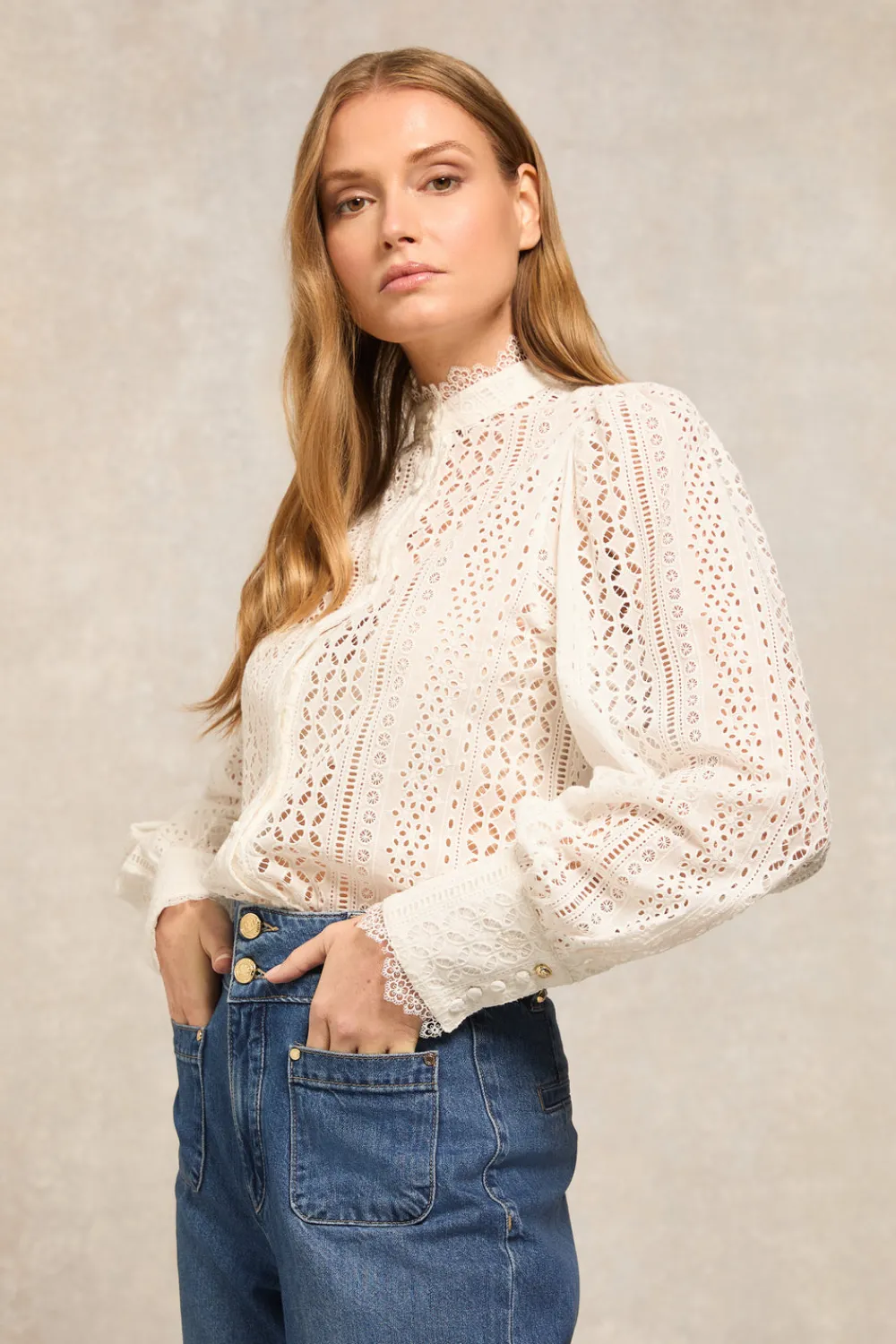 Holland Cooper Collarless Broderie Shirt<Women Shirts & Blouses